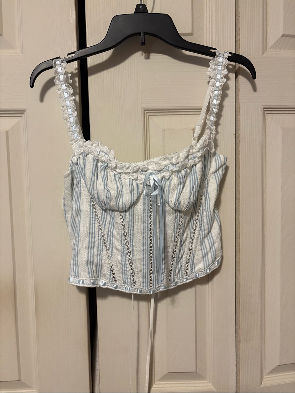 Lacemade- Blue & White Stripe Lace-Trim Cami Top